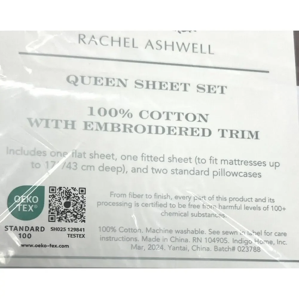 Rachel Ashwell Embroidered Eyelet Hem QUEEN Sheet Set White All Cotton NIP